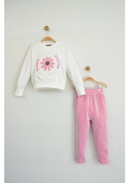 Pembe Çiçek Detaylı Kız Çocuk Takımı