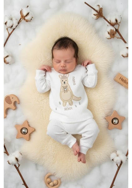 Sevimli Kanguru Nakışlı %100 Pamuk Beyaz Ribana Bebek Takımı