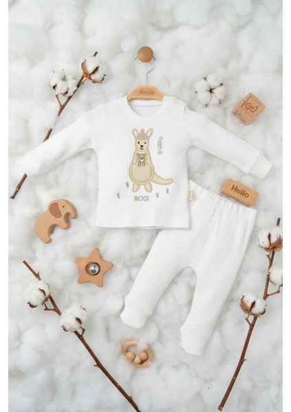 Sevimli Kanguru Nakışlı %100 Pamuk Beyaz Ribana Bebek Takımı fiyatları