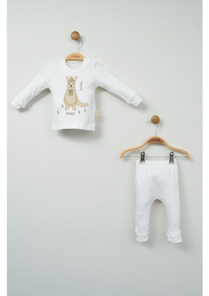 Sevimli Kanguru Nakışlı %100 Pamuk Beyaz Ribana Bebek Takımı modelleri