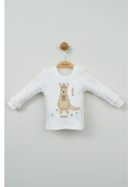 Sevimli Kanguru Nakışlı %100 Pamuk Beyaz Ribana Bebek Takımı indirimleri
