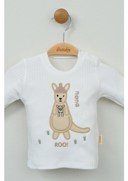 Sevimli Kanguru Nakışlı %100 Pamuk Beyaz Ribana Bebek Takımı