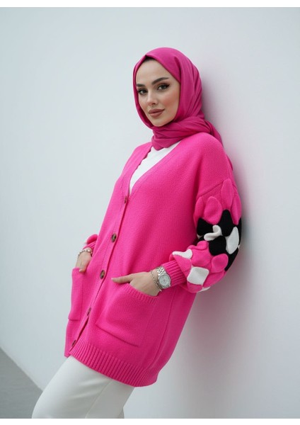 Kollarda Yuvarlak Renk Desenli Oversize Kadın Triko Hırka