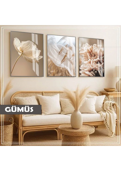 |soft|krem Buğday-Çiçek Kombini |çerçeveli Cam Tablo 3lü Dikey