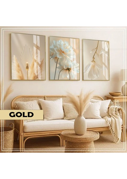 |soft|beyaz-Krem Krizantem Çiçek Kombin|çerçeveli Cam Tablo 3lü Dikey