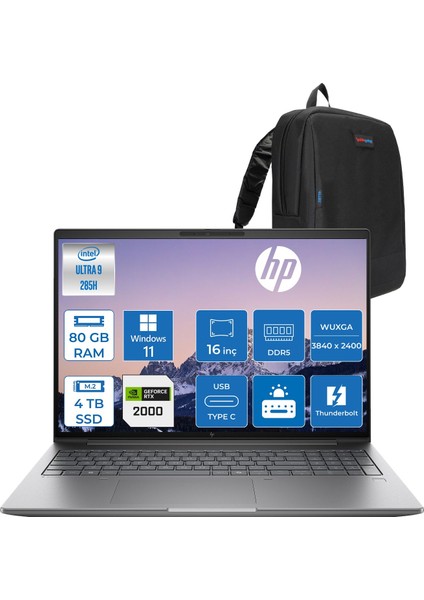 Zbook x G1I Ultra 9 285H 80GB Ddr5 4tb SSD 8GB/RTXPRO2000 16" Wuxga Düşük Mavi Işık 300NIT %100 Srgb Windows 11 Pro Taşınabilir Iş Istasyonu CT0X0ESP24 + Zettaçanta