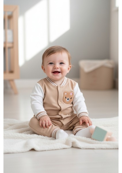 Beyaz Kollu Bej Kolej Tarzı Bebek Tulumu