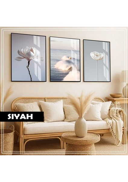 |soft|mavi-Beyaz Minimal Çiçek Kombini |çerçeveli Cam Tablo 3lü Dikey