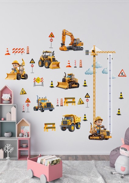 Iş Makinası Temalı Boy Ölçerli Duvar Sticker Seti - Mat, Sökülebilir, Çocuk Odası Dekoru