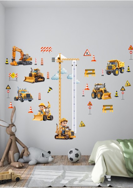 Iş Makinası Temalı Boy Ölçerli Duvar Sticker Seti - Mat, Sökülebilir, Çocuk Odası Dekoru fiyatları