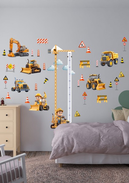 Iş Makinası Temalı Boy Ölçerli Duvar Sticker Seti - Mat, Sökülebilir, Çocuk Odası Dekoru modelleri