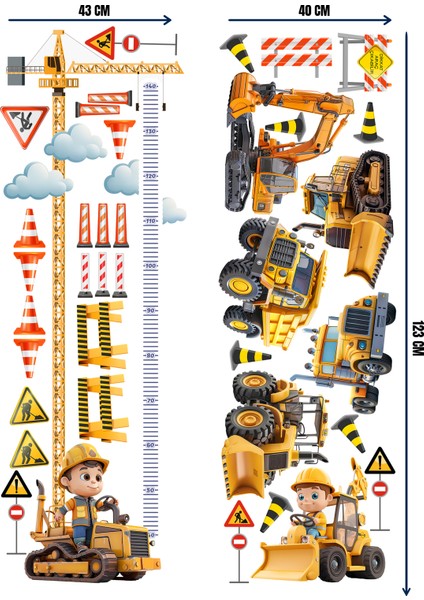 Iş Makinası Temalı Boy Ölçerli Duvar Sticker Seti - Mat, Sökülebilir, Çocuk Odası Dekoru fırsatları