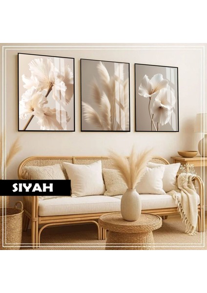 |soft|krem Renk Çiçekli Zarif Kombini |çerçeveli Cam Tablo 3lü Dikey
