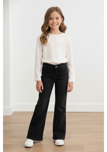 Bayhas Kız Siyah Geniş Paça Işlemeli Denim Pantolon