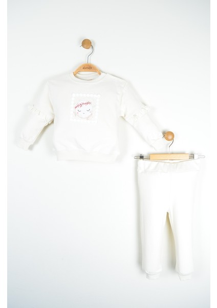 Krem Kız Bebek Baskılı Fırfırlı Alt Üst Takım