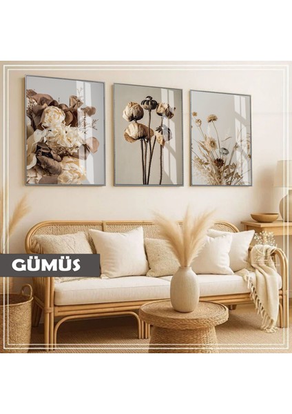 |soft|kuru Bitki Çiçekli Kombini |çerçeveli Cam Tablo 3lü Dikey