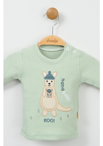 Sevimli Kanguru Nakışlı %100 Pamuk Yeşil Ribana Bebek Takımı fırsatları