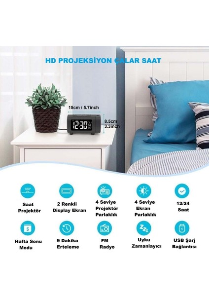 Mavi Projeksiyonlu Çalar Saat Fm Radyo Dijital Saat USB Şarj Sıcaklık 4 Seviye Parlaklık fiyatları