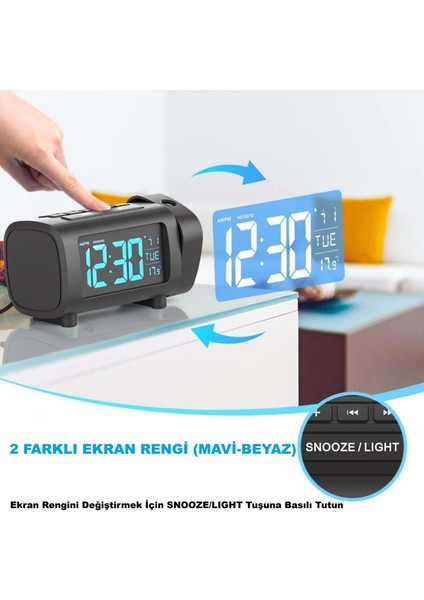 Mavi Projeksiyonlu Çalar Saat Fm Radyo Dijital Saat USB Şarj Sıcaklık 4 Seviye Parlaklık indirimleri