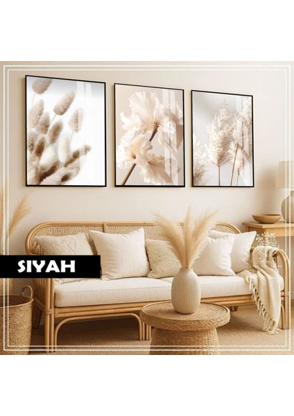 |soft|krem Tonlar Pampas-Çiçek Kombini |çerçeveli Cam Tablo 3lü Dikey