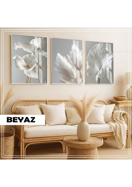 |soft|beyaz Çiçek Yaprak Minimal Kombin|çerçeveli Cam Tablo 3lü Dikey