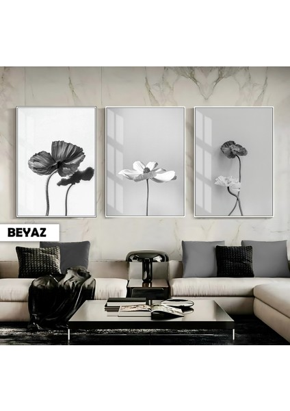 |soft|beyaz Çiçek Yaprak Minimal Kombin|çerçeveli Cam Tablo 3lü Dikey indirimleri