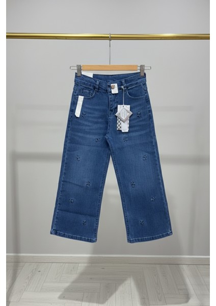 Bayhas Girls Lacivert Nakış Detaylı Geniş Paça Denim Pantolon