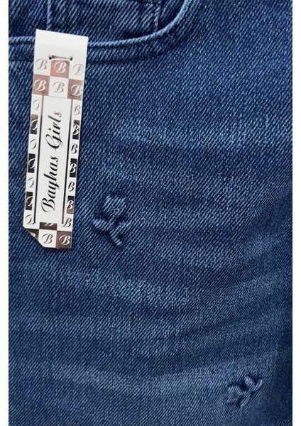 Bayhas Girls Lacivert Nakış Detaylı Geniş Paça Denim Pantolon