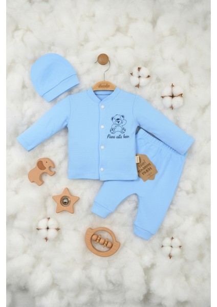 Mavi Ayıcık Baskılı 3'lü Bebek Takımı (Hırka, Pantolon ve Şapka) fiyatları