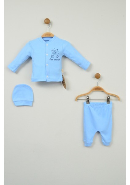 Mavi Ayıcık Baskılı 3'lü Bebek Takımı (Hırka, Pantolon ve Şapka) modelleri