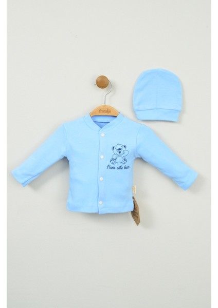 Mavi Ayıcık Baskılı 3'lü Bebek Takımı (Hırka, Pantolon ve Şapka) fırsatları