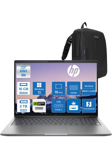 Zbook x G1I Ultra 9 285H 16GB Ddr5 2tb SSD 8GB/RTXPRO2000 16" Wuxga Düşük Mavi Işık 300NIT %100 Srgb Windows 11 Pro Taşınabilir Iş Istasyonu CT0X0ESP03 + Zettaçanta