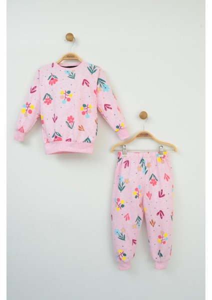 Kız Çocuk Pembe Çiçek Desenli Uzun Kollu Pijama Takımı