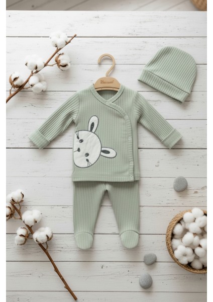 Sevimli Tavşan Desenli Fitilli Yeşil Bebek Takımı (3 Parça)