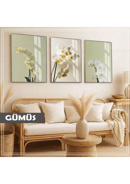 |soft|yeşil-Beyaz Orkide Kombini |çerçeveli Cam Tablo 3lü Dikey
