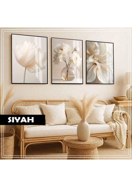 |soft|krem Renk Elegant Çiçekli Kombini |çerçeveli Cam Tablo 3lü Dikey