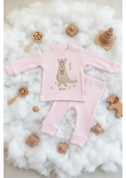 Pembe Kanguru Desenli Fitilli Bebek Takımı (2 Parça)