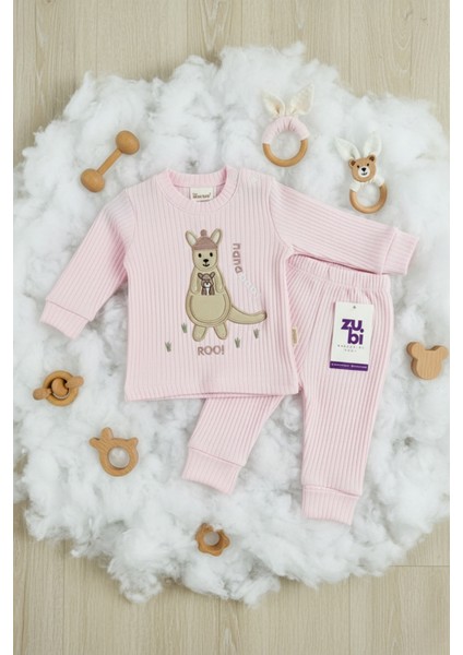 Pembe Kanguru Desenli Fitilli Bebek Takımı (2 Parça)