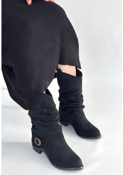 Canty Premium Siyah Süet Körüklü Topuklu Çizme modelleri