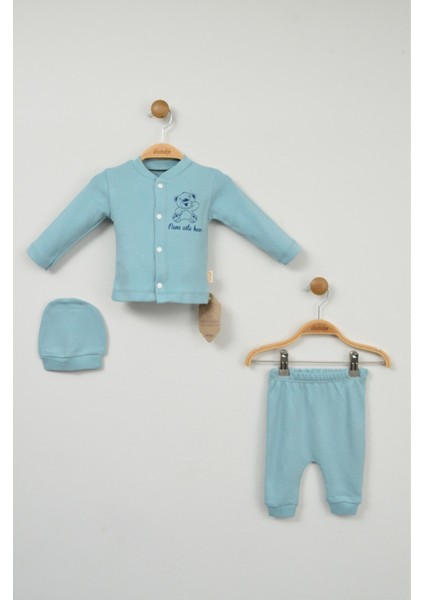 Turkuaz Ayıcık Baskılı 3'lü Bebek Takımı (Hırka, Pantolon ve Şapka) fiyatları