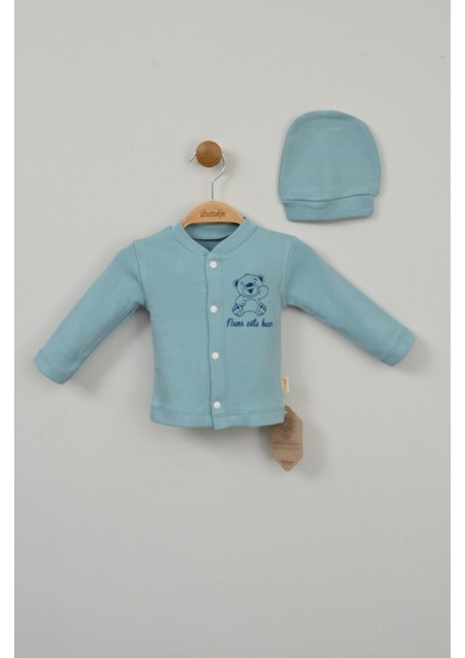 Turkuaz Ayıcık Baskılı 3'lü Bebek Takımı (Hırka, Pantolon ve Şapka) modelleri