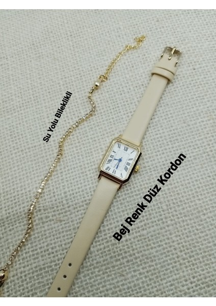 Kadın Kol Saati Vintage Gold Kasa- Oval Model- Bej Kroko Desenli Kordon TT0054