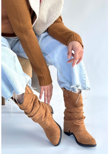 Canty Premium Taba Süet Körüklü Topuklu Çizme modelleri