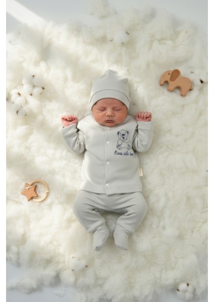 Gri Ayıcık Baskılı 3'lü Bebek Takımı (Hırka, Pantolon ve Şapka) fiyatları