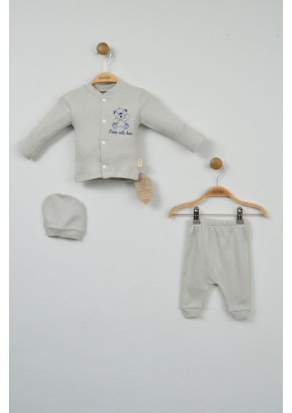 Gri Ayıcık Baskılı 3'lü Bebek Takımı (Hırka, Pantolon ve Şapka) fırsatları