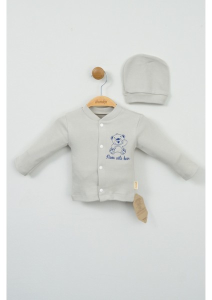 Gri Ayıcık Baskılı 3'lü Bebek Takımı (Hırka, Pantolon ve Şapka) indirimleri