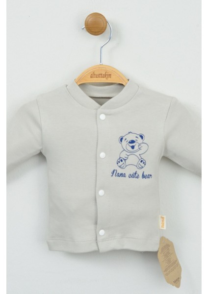 Gri Ayıcık Baskılı 3'lü Bebek Takımı (Hırka, Pantolon ve Şapka)