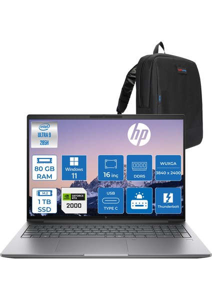 Zbook x G1I Ultra 9 285H 80GB Ddr5 1tb SSD 8GB/RTXPRO2000 16" Wuxga Düşük Mavi Işık 300NIT %100 Srgb Windows 11 Pro Taşınabilir Iş Istasyonu CT0X0ESP22 + Zettaçanta