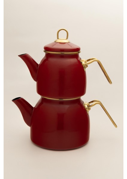 Bordo Emaye Çaydanlık Takımı 2 Lt | Altın Renkli Metal Kulplu Retro Indüksiyon Taban