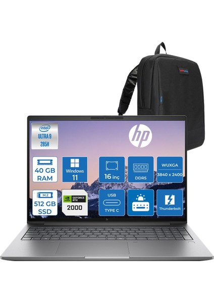 Zbook x G1I Ultra 9 285H 40GB Ddr5 512GB SSD 8GB/RTXPRO2000 16" Wuxga Düşük Mavi Işık 300NIT %100 Srgb Windows 11 Pro Taşınabilir Iş Istasyonu CT0X0ESP13 + Zettaçanta